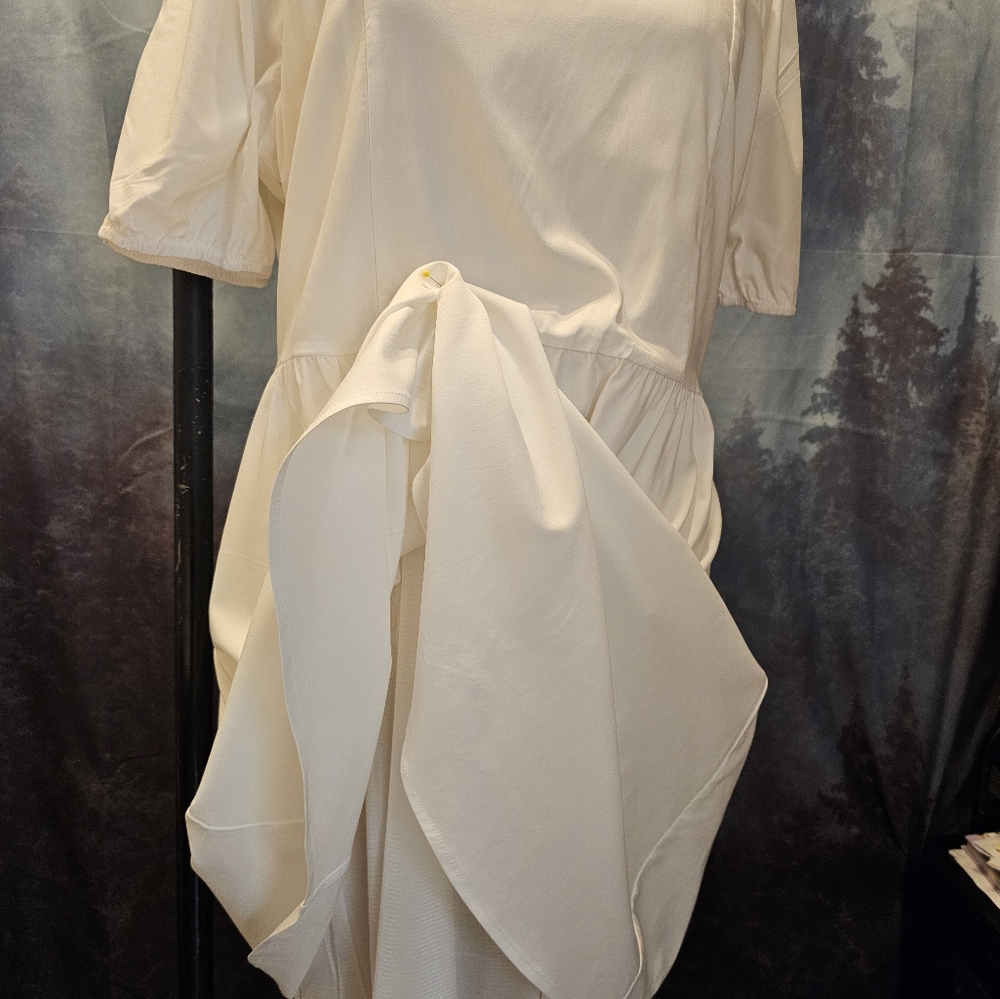 XL OFEEFAN Chic White Puff Sleeve Mini Dress NWT Feminine Tie Back Neckline - Picture 6 of 7